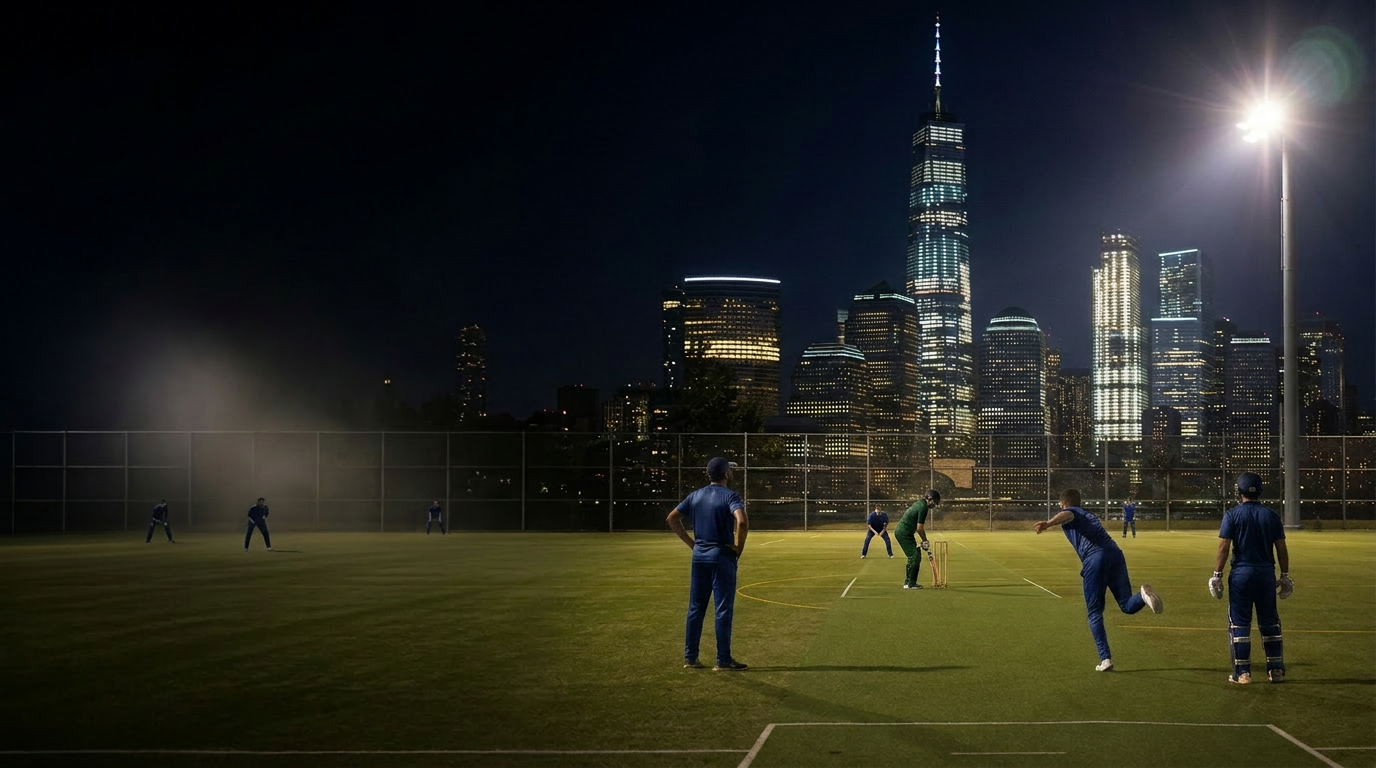 Tape-ball cricket at Battery Park City with the Freedom Tower behind